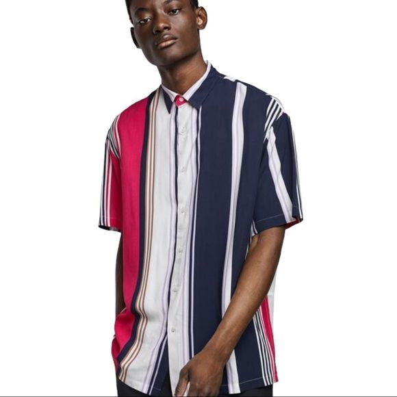 Zara Men's Relaxed Fit Short Sleeve Button Up Pink Blue Stripe Shirt Sz M NWT - Picture 2 of 16